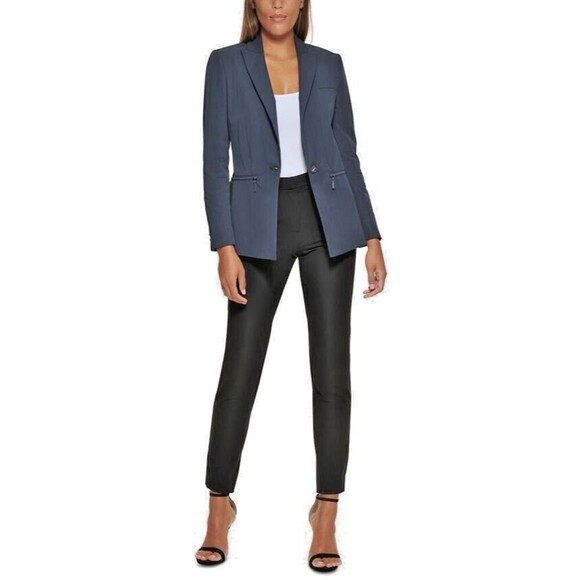 DKNY Women's Petite One-Button Blazer Cotton Zip-Pockets Formal Jacket Navy 4P - Picture 1 of 13